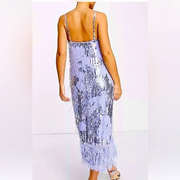 NWT ASOS Lavender, Silver Sequin Floral Midi w/ Faux Feather Hem Size 12 - Picture 4 of 16